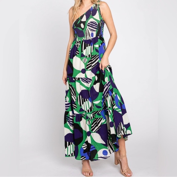 Sugarlips Xandria Geometric Smocked One Shoulder Tiered Maxi Dress Blue Green S - Picture 2 of 10